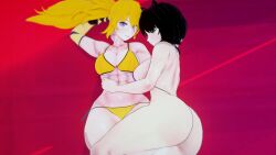 2girls 3d arm_up armpits ass big_ass big_breasts bikini black_hair blake_belladonna blonde_hair busty fat_ass female female_focus legs lying muscular_female navel ponytail purple_eyes rwby seductive seductive_smile sensual smile stormstriker thick_thighs thighs thong_bikini yang_xiao_long yellow_eyes