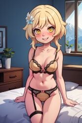 ai_generated bedroom_setting blonde_hair blush female genshin_impact gold_eyes lingerie lumine_(genshin_impact) sitting_on_bed smile solo toonysphere weird_body