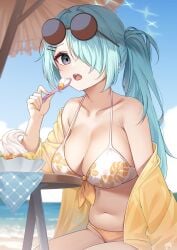 alternate_costume arius_satellite_school_student arius_squad_(blue_archive) beach belly big_breasts bikini blue_archive eating flower_print fruits hiyori_(blue_archive) jacket_off_shoulders looking_at_viewer off_shoulder signature sitting sitting_on_chair spoon sundae swimsuit table thighs umbrella