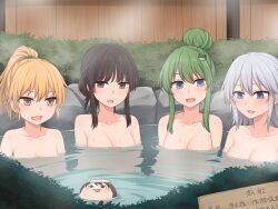 4girls alternate_hairstyle blonde_hair blue_eyes breasts brown_eyes brown_hair cleavage green_hair hair_bun hakurei_reimu highres izayoi_sakuya kirisame_marisa kochiya_sanae long_hair looking_at_viewer looking_down marisa_kirisame medium_breasts miyo_(ranthath) multiple_girls nude onsen ponytail reimu_hakurei sakuya_izayoi sanae_kochiya short_hair sidelocks small_breasts smile touhou translation_request yellow_eyes yukkuri_shiteitte_ne