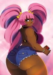 blue_eyes blue_hair blue_shorts drill_hair huge_ass huge_breasts huge_thighs jean_shorts ming-ming_yúan pink_hair presenting shorts tovio_rogers twintails