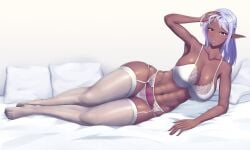 1girls 2023 abs absurd_res amber_eyes big_breasts blush dark-skinned_female dark_elf dark_skin elf elf_ears elf_female female female_only fit fit_female garter_belt garter_straps hand_on_hair leaning_on_elbow lingerie long_hair looking_at_viewer lying lying_on_side on_side pubic_tattoo solo stockings warmcummies white_hair white_stockings