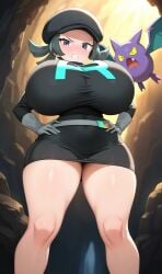 ai_generated angry big_breasts breasts cave criminal crobat female green_hair pokemon team_rainbow_rocket_grunt_(female) teamrocktgrl thick_thighs