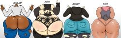 4girls ass_cleavage ass_comparison ass_focus ass_size_chart butt_crack huge_ass lineup multiple_girls original_character ssleviathann thick_thighs