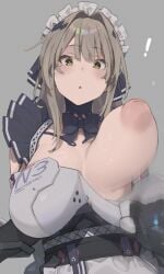 1girls bianca_(punishing:_gray_raven) blonde_hair breasts_out clothed collagen female huge_breasts inverted_nipples long_hair maid_uniform mole_under_eye punishing:_gray_raven robot_girl shirt_pull surprised yellow_eyes