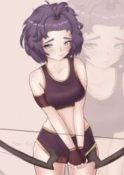 1girls alternate_hairstyle archer bernadetta_von_varley breasts female female_only fire_emblem fire_emblem:_three_houses fire_emblem_warriors:_three_hopes grey_eyes looking_away medium_breasts mourderousx nintendo official_alternate_hairstyle purple_hair short_hair solo thighs