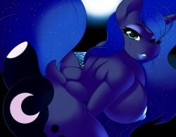 2018 anthro areola ass big_ass big_breasts blue_areola blue_body blue_eyes blue_eyeshadow blue_hair blue_lipstick blue_nipples blue_skin breasts cutie_mark dock equid equine eyeshadow female friendship_is_magic hair hasbro kloudmutt lipstick long_hair makeup moon my_little_pony night nipples princess_luna_(mlp) solo tail unicorn wink