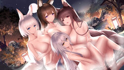 akagi_(azur_lane) amagi_(azur_lane) azur_lane blue_eyes breasts brown_hair fox_ears fox_tail hot_spring kaga_(azur_lane) nude purple_eyes red_eyes tosa_(azur_lane) white_hair yellow_eyes