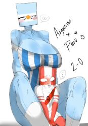 adidas argentina_(countryhumans) bigger_female countryhumans countryhumans_girl huge_breasts lowres peru_(countryhumans) pink_strawberry_look_(artist) screenshot size_difference smaller_male square_head tagme taller_girl voluptuous