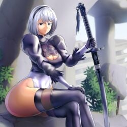 1girls 2024 2d 2d_(artwork) beauty_mark big_breasts blue_eyes cleavage crossed_legs female female_only hairband leotard medium_hair mole_under_mouth nier:_automata nier_(series) sitting solo stockings sword thick_thighs thigh_boots very_high_resolution warmcummies white_hair yorha_2b