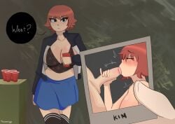 1boy 1girls black_eyes blush clothed cup drink fellatio female freckles hikikomori holding_object kim_pine looking_at_viewer male nude nude_female nude_male red_hair scott_pilgrim short_hair sweat