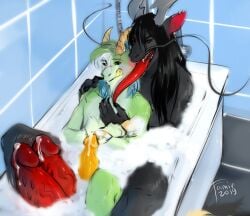 2019 2_penises anthro anthro_on_anthro bathing black_hair black_sclera blue_hair bovid caprine cutaway dated diphallia diphallism dragon duo erection famir_(artist) famir_(character) fangs foam fur furred_dragon genitals goat green_body green_hair grey_body hair horn hybrid inside licking licking_lips licking_own_lips long_tongue male male/male mammal multi_genitalia multi_penis multicolored_hair open_mouth penis red_eyes red_penis red_tongue signature teeth tongue tongue_out white_hair yellow_eyes yellow_horn yellow_penis yellow_tongue