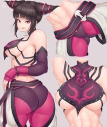 1girls abs absurdres ass bangs belt big_ass black_hair blunt_bangs bracelet breasts capcom clothed curvy detached_sleeves drill_hair eyelashes female female_only fingerless_gloves gloves grey_background halterneck highres human juri_han large_breasts looking_at_viewer looking_back midriff mogtate multiple_views navel nipple_bulge pink_eyes sideboob sidelocks simple_background skindentation smile smirk solo spiked_bracelet street_fighter street_fighter_iv thick_thighs tight_clothes toned toned_female twin_drills underboob