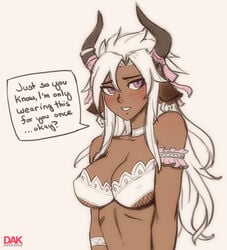 1girls bra bunny_and_fox_world collar cow_ears darkartskai horns kujata_al_zahabi lingerie looking_at_viewer medium_breasts pink_eyes solo solo_female tagme white_background white_hair