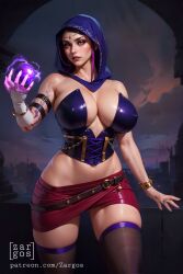 ai_generated big_breasts breasts cleavage glowing_arm glowing_hand hood large_breasts namco tekken tekken_8 tekken_tag_tournament_2 thick_thighs wide_hips zafina_(tekken) zargos