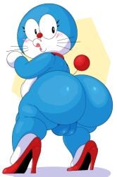 adorable anthro ass ass balls big_ass big_butt blue_body blue_fur blush clothing collar cute cute_face digital_media_(artwork) domestic_cat doraemon doraemon_(character) ekkokenight felid feline felis footwear fur genitals heels_only hi_res high_heels huge_ass huge_butt looking_at_viewer looking_back machine male male_only mammal red_collar red_nose robot shaded simple_background solo solo_male tail thick_thighs whiskers white_body white_fur wide_hips