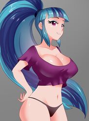 1girls belly big_breasts blue_hair breasts cleavage cogbrony equestria_girls female friendship_is_magic hand_on_hip huge_breasts humanized indigo_hair long_hair multicolored_hair my_little_pony navel panties ponytail purple_eyes short_shirt solo solo_female sonata_dusk voluptuous