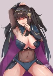 1girls alternate_costume armpits black_eyes black_hair blue_panties bodystocking breasts bridal_gauntlets cape cleavage cosplay covered_navel dark_mage_(fire_emblem_fates) female female female_only fire_emblem fire_emblem_fates hairband highres hime_cut large_breasts long_hair looking_at_viewer nintendo nyx_(fire_emblem)_(cosplay) panties rhajat_(fire_emblem) solo spread_legs sweat turtleneck twintails underwear zet_(twt_zet)