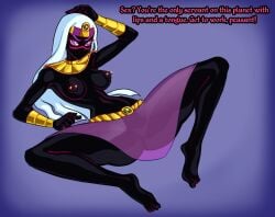 1girls barefoot black_skin breasts breasts_out dominant_female duck_dodgers functionally_nude long_hair midriff nipple_piercing piercing queen_tyr'ahnee ratopombo see-through_clothing simple_background solo solo_female spread_legs thick_thighs white_hair