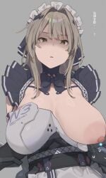 1girls angry bianca_(punishing:_gray_raven) blonde_hair breasts_out clothed collagen female huge_breasts long_hair maid_uniform mole_under_eye nipples punishing:_gray_raven robot_girl shirt_pull yellow_eyes