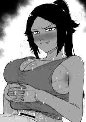 1boy 1girls big_breasts bleach dark-skinned_female huge_breasts kaiman_garupan paizuri shihouin_yoruichi