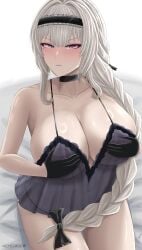 angry archstreal bianca_(punishing:_gray_raven) blush female female_only gloves large_breasts long_hair nightgown pale_skin punishing:_gray_raven purple_eyes robot_girl silver_hair solo tied_hair