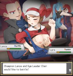 2boys 2girls absurdres breast_grab breasts brown_eyes brown_hair bulge champion clair_(pokemon) clothed english_text female game_freak gameplay_mechanics grabbing grabbing_from_behind groping health_bar highres hud human human_only kim_da-yoon lance_(pokemon) lyra_(pokemon) nintendo nipples philipposter pokemon pokemon_battle pokemon_gsc pokemon_hgss pokemon_rgby silver_(pokemon) small_breasts straight text text_box text_focus translated twintails