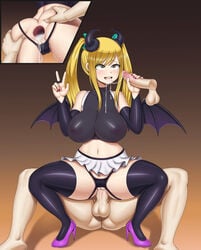 1girls 2boys after_anal after_fellatio after_sex anal anus ass blonde_hair breasts brown_background brown_eyes cowgirl_position cum cum_in_anus cum_in_ass cum_in_mouth cum_inside cum_on_tongue cumdrip demon_girl demon_horns demon_wings disembodied_penis enenra fairy_tail gaping gaping_anus gloves gradient_background hair_ornament high_resolution highres innie_pussy legwear lucy_heartfilia navel nipples open_mouth peace_sign penetration penis penis_grab purple_gloves purple_legwear pussy reverse_cowgirl_position rolling_eyes see-through see-through_clothing sex spread_ass spread_legs succubus teeth testicles threesome tied_hair tongue tongue_out twintails uncensored upper_teeth v wings