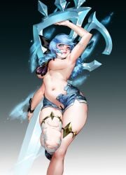 1girls arm_up armpits blue_hair bow drill_hair gradient_background gwen_(league_of_legends) hua_zhong_yu large_breasts league_of_legends navel nipples no_panties open_clothes open_shorts solo topless