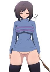 1girls 2d bottomless butt_fang casual casual_exposure exhibitionism exhibitionist exposed exposed_pussy expressionless female female_focus female_frisk female_only frisk presenting solo standing surprised thighhighs undertale undertale_(series) zukafu_shimoto