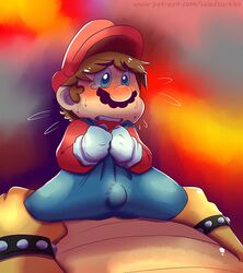 2boys abstract_background blue_eyes blush bowser brown_hair bulge clothed color digital_media_(artwork) embarrassed erection erection_under_clothes gay gloves hat headgear imminent_rape male male_only mario mario_(series) moustache nintendo salad_pervert size_difference thick_thighs yaoi