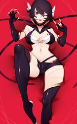 1girls alternate_costume black_hair booty_shorts bra choker claws elise_kythera_zaavan female gloves league_of_legends nanoless navel one_eye_closed original red_eyes solo solo_female stockings string tagme tongue tongue_out