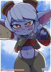 1girls blue_skin brachyzoid female fully_clothed heart-shaped_pupils league_of_legends lifting_shirt looking_at_viewer low-angle_view musk purple_body purple_skin shortstack small_breasts sweat tongue_out tristana yordle