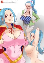 1girls bare_arms bare_breasts bare_legs bare_shoulders bare_thighs big_breasts blue_hair breasts_bigger_than_head clothed clothing color embarrassed female female_focus female_only hi_res jewelry large_breasts light-skinned_female light_skin lokidrawsart long_hair looking_at_viewer miss_wednesday nefertari_vivi nipples nude nude_female one_piece open_mouth pleasure_face post-timeskip pre-timeskip ribbon shounen_jump solo solo_female thick_thighs