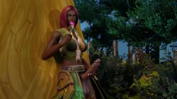 3d argent_dawn belly belly_button big_balls big_cock black_cock dark_skin flower futanari green_clothing green_eyes holding_flower holding_penis leaning_against_tree looking_at_camera looking_at_viewer no_panties penis penis_out public public_exposure public_nudity rainbowviral red_hair stormwind thighs warcraft world_of_warcraft