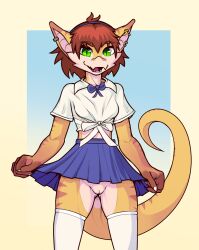 absurd_res anthro bottomless bottomwear clothed clothing clothing_lift female genitals hair hi_res kobold legwear open_mouth open_smile pussy raised_bottomwear raised_clothing raised_skirt ribbons school_uniform shirt skirt skirt_lift smile solis_(thedoncoon) solo standing stripes thigh_highs topwear uniform xzorgothoth