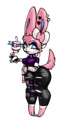 2023 anthro belt belt_buckle big_breasts black_pants blue_eyes blue_inner_ear boba_tea bow bow_ribbon breasts drink ear_piercing ear_ring earrings eeveelution eyeshadow female female_only fishnet_armwear furry game_freak goth goth_girl heart_piercing holding_drink leggings multiple_belts nintendo phone piercings pink_fur pokémon_(species) pokemon pokemon_(species) purple_eyeshadow purple_shirt ripped_clothing ripped_pants shirt smile smiling solls0ll spiked_collar sylveon tagme tail thick_thighs thighs torn_clothes torn_pants white_background white_fur