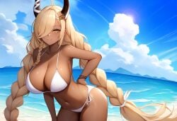 ai_generated azur_lane bangs beach blonde_hair clouds dark-skinned_female day female female_focus female_only hair_over_one_eye hand_on_own_hip hanging_breasts horn_ornament horns large_breasts leaning_forward light_smile looking_at_viewer low_twin_braids mole_under_mouth owari_(azur_lane) seaside side-tie_bikini standing sun very_long_hair white_bikini yellow_eyes