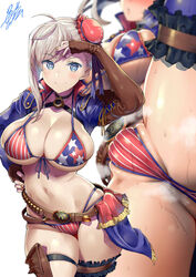 1girls american_flag american_flag_bikini bikini blue_eyes blush breasts cameltoe choker fate/grand_order fate_(series) female hair_bun huge_breasts large_breasts looking_at_viewer miyamoto_musashi_(fate) miyamoto_musashi_(swimsuit_berserker) thick_thighs thighhighs uo_denim