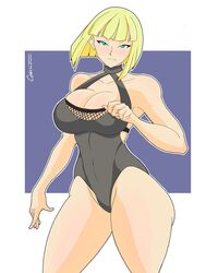 1girls ass bare_shoulders big_ass big_breasts blonde_hair blue_eyes bob_cut breasts busty clavicle cleavage clothed_female female female_only fishnets looking_at_viewer mcq07gn naruto naruto_(series) naruto_shippuden one-piece_swimsuit samui single_girl solo swimsuit thick_thighs