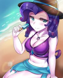 1girls beach belly big_breasts bikini bikini_top blue_eyes breasts cleavage crepuscular_rays equestria_girls female friendship_is_magic hasbro iojknmiojknm large_breasts long_hair looking_at_viewer my_little_pony navel necklace popsicle purple_hair rarity_(eg) sarong seaside smooth_skin sun_hat swimsuit voluptuous