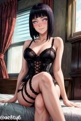 ae8ty6 ai_generated black_lingerie black_underwear blue_hair blush boruto:_naruto_next_generations byakugan corset hyuuga_hinata lace lingerie looking_at_viewer milf naruto naruto_(classic) naruto_(series) naruto_shippuden pale_eyes sitting sitting_on_bed thigh_strap