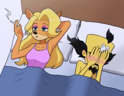 1boy 1girls activision after_sex anthro bed bedding blanket blush covering covering_face crash_(series) doctor_neo_cortex duo female furniture human human_on_anthro male male/female mammal nude_male ruined_for_marriage smoking tawna_bandicoot usagi_kii