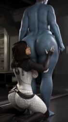 2girls 3d asari ass ass_focus ass_worship banap black_hair blue_body blue_skin clothed clothed_female clothed_female_nude_female dialogue fat_ass head_on_ass imminent_anilingus imminent_rimming mass_effect miranda_lawson multiple_girls naked naked_female nude nude_female nude_female_clothed_female text