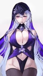 1girls black_swan_(honkai:_star_rail) blush cleavage cleavage_cutout cleavage_overflow female female_focus female_only honkai:_star_rail honkai_(series) hood large_breasts light-skinned_female light_blush light_skin long_hair looking_at_viewer purple_eyes qiandaiyiyu smile smiling smiling_at_viewer strings tagme teasing teasing_viewer thick_thighs thighhighs thighs white_hair