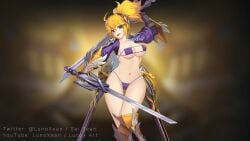 big_breasts bikini bra breasts fanny_(mobile_legends) female legs looking_at_viewer lunoxean mobile_legends mobile_legends:_adventure orange_hair panties ponytail smile solo sword weapon