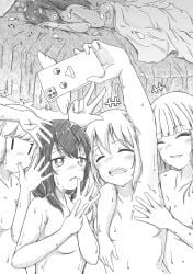 5girls after_sex azuminonomizua bed blush cellphone closed_eyes condom highres implied_futanari katou_asuka kuroki_tomoko monochrome multiple_girls nemoto_hina nude phone selfie smartphone sweat tamura_yuri uchi_emiri under_covers used_condom watashi_ga_motenai_no_wa_dou_kangaetemo_omaera_ga_warui!