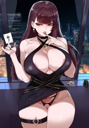 1girls ai_generated black_choker black_nails card censored choker exposed_pussy female female_only girls'_frontline large_breasts light-skinned_female light_skin nail_polish necklace playing_card prof pubic_tattoo queen_of_spades revealing_breasts solo stable_diffusion thiccwithaq_(ai_style) thick_thighs wa2000_(girls'_frontline)