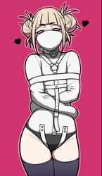 1girls asylum belt belt_bondage blonde_hair blush bondage collar femsub gag gagged half-closed_eyes happy_sub hearts himiko_toga jam-orbital my_hero_academia panel_gag panties simple_background solo_female stockings straitjacket