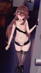 1female 3d black_boots black_fingerless_gloves black_fingernails black_glove black_hotpants black_thong black_topwear boots breasts brown_hair choker fingerless_glove flower-shaped_pupils genshin_impact golden_penis high_leg_thong hotpants hu_tao_(genshin_impact) inviting koikatsu looking_at_viewer nipples one_nipple_out penis_necklace pov pov_eye_contact red_eyes small_breasts smile smiling_at_viewer solo_female stockings sweat tagme twintails very_long_hair wardrobe_malfunction wide_hips